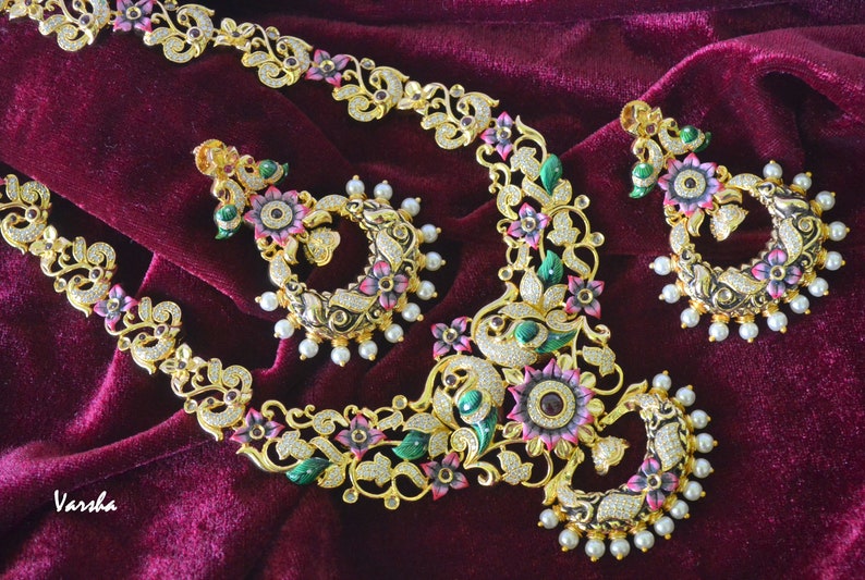 Indian Necklace Earring Set Gold CZ Long Necklace Set Long Necklace Set Peacock Jewelry Indian Bridal Jewelry|Indian Wedding Jewelry