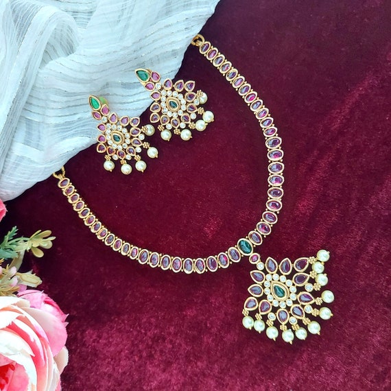 Gold Diamond Necklace with Pink Stones - South India Jewels