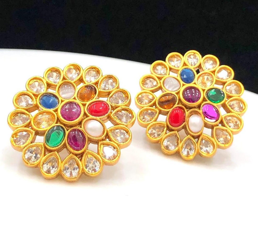 Navratan Earrings Indian Stud Earrings Temple Kemp Bridal Etsy