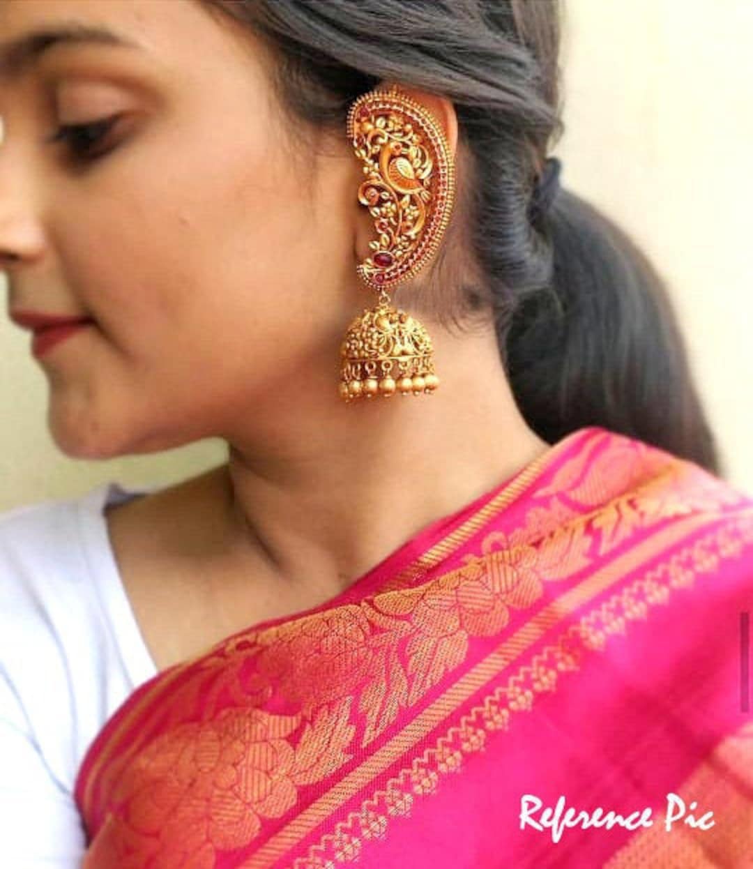 Indian Earrings Antique Gold Jhumka Ear Cuff Earrings South - Etsy Indian Earrings Antique Gold Jhumka Ear Cuff Earrings South - Etsy