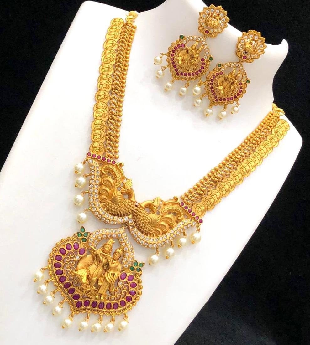 Indian Necklace Set Temple Jewelry Radha Krishna Pendant Gold - Etsy