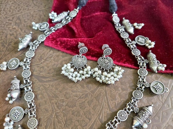 Boho,Indian Jewelry Peacock Necklace Bollywood Style Silver Oxidised Jewellery 