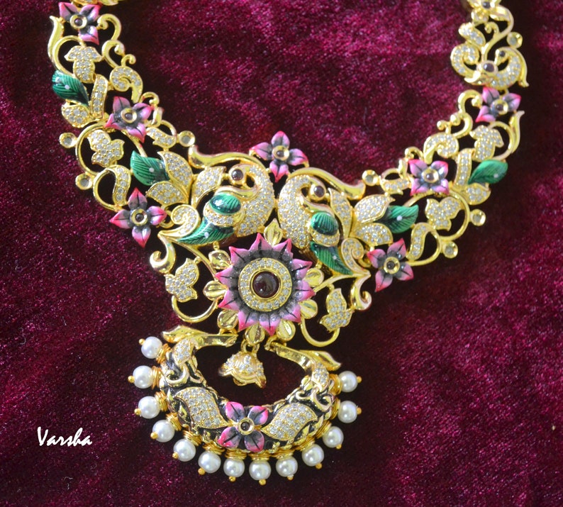 Indian Necklace Earring Set Gold CZ Long Necklace Set Long Necklace Set Peacock Jewelry Indian Bridal Jewelry|Indian Wedding Jewelry