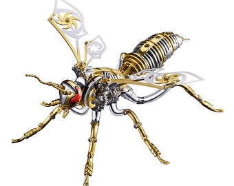 May include: A detailed, intricately designed metal wasp sculpture with gold and silver accents. The wings are open and the wasp is posed in a flying position.