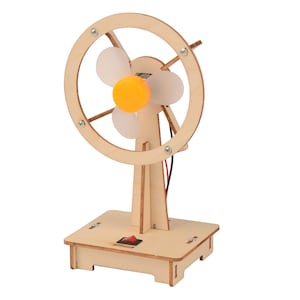 May include: A wooden model of a fan with a white plastic fan blade and a yellow motor. The fan is mounted on a wooden base with a switch.