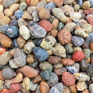 May include: A collection of small, tumbled stones in various shapes and sizes, featuring a diverse palette of colours including shades of orange, brown, grey, white, and blue. The stones exhibit unique textures, ranging from smooth surfaces to intricate patterns.