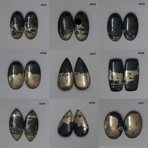 May include: A set of 10 pairs of pyrite cabochons, each pair is a different shape and size. The cabochons are a mix of black and silver with a metallic sheen.