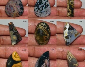 May include: Nine different polished ocean jasper cabochons in various shapes and colors, including green, brown, black, white, and pink. The cabochons are arranged in a grid pattern on a white background.
