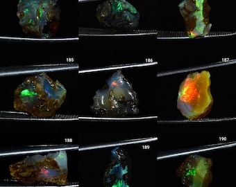 Könnte beinhalten: Neun rohe Opal-Edelsteine in verschiedenen Farben und Formen, gehalten von Pinzetten vor einem schwarzen Hintergrund. Die Opale sind irisierend und zeigen eine Reihe von Farben, darunter Grün, Blau, Rot und Orange.