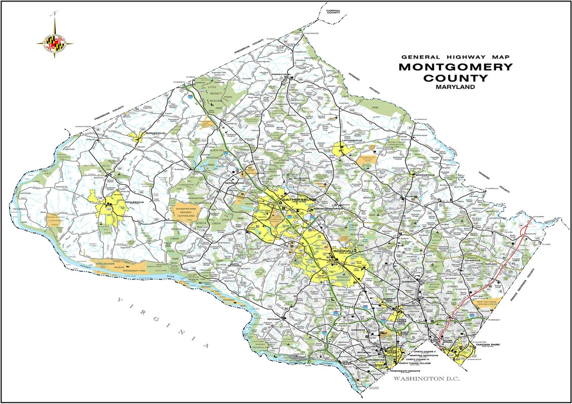 Montgomery County Highway Map 2013 Maryland Area Usa Birds Eye Etsy