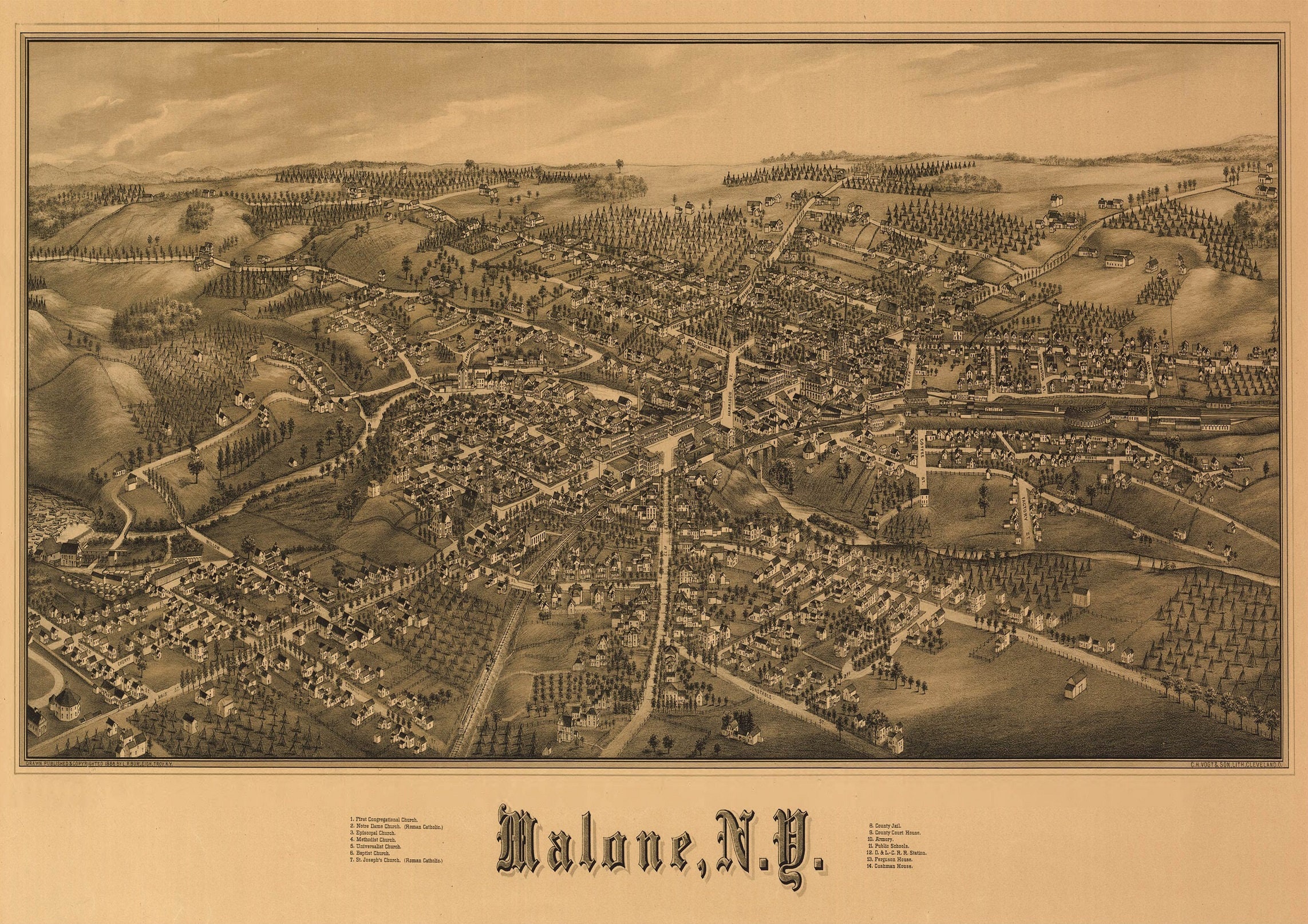 Malone 1886 New York Area USA Downtown District Birds Eye View Etsy
