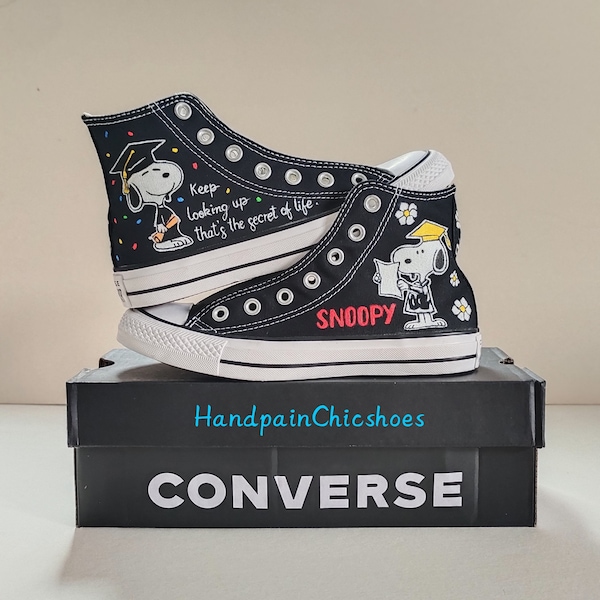 Handpainted Snoopy graduation shoes,Black Snoopy graduation Converse,Snoopy school graduate,Gifts for son and daughter,Graduation gifts