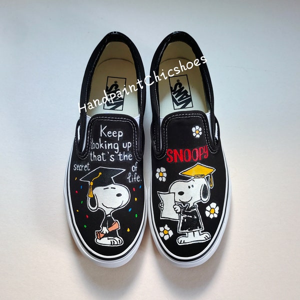 Handpainted Snoopy graduation shoes,Black Snoopy graduation,Snoopy Black sneaker,Black Vans,Black local shoes,Unisex slip on,Gift for friend