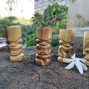 Minimalist Tikies set of 4, Ku, Lono, Kane and Kanaloa, Hawaiian Wood carving on Oahu, 4 Hawaiian Great Gods