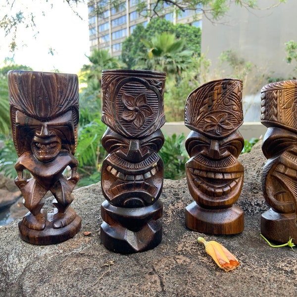 7" Tikies set of 4, Ku, Lono, Kane and Kanaloa, Hawaiian Wood carving on Oahu, 4 Hawaiian Great Gods, Monkeypod, tiki face