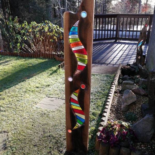 Stained glass reclaimed wood art garden sculpture