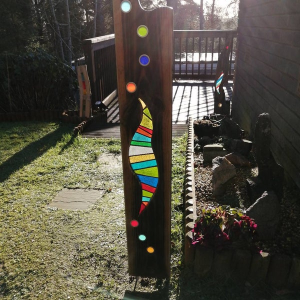 Stained glass reclaimed wood art garden sculpture