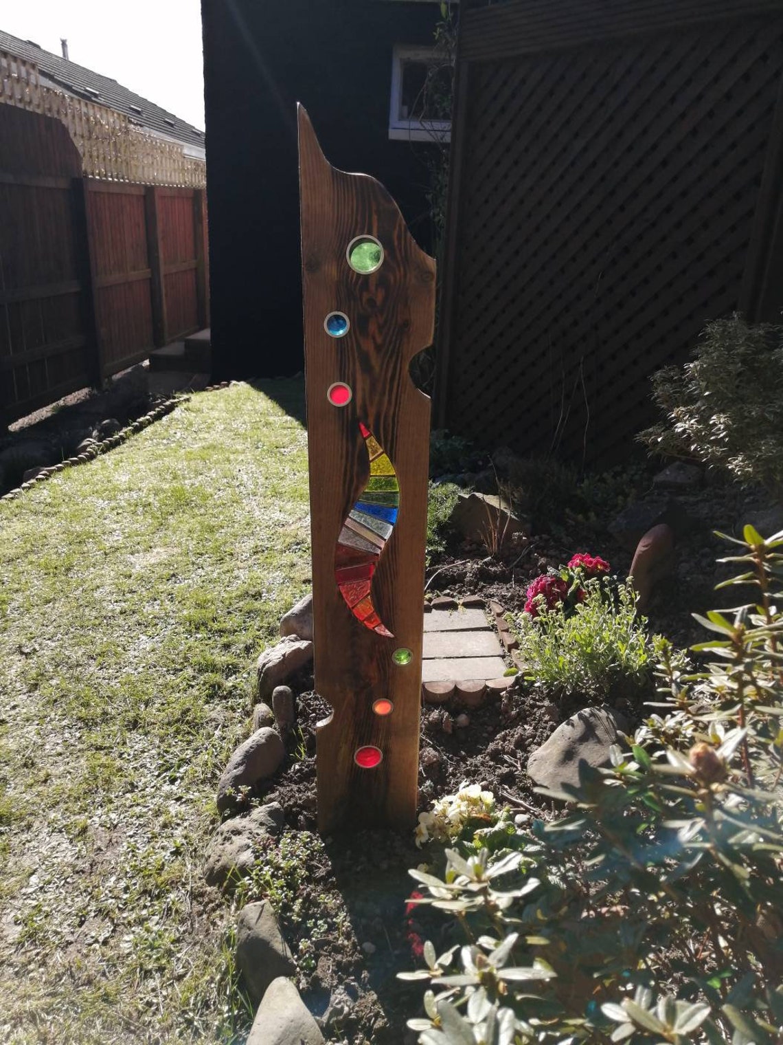 Stained glass reclaimed wood art garden sculpture Etsy