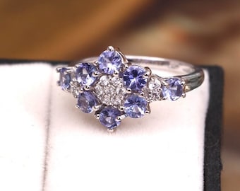Natural Tanzanite Ring, Flower Cluster Ring, Alternative Engagement Ring