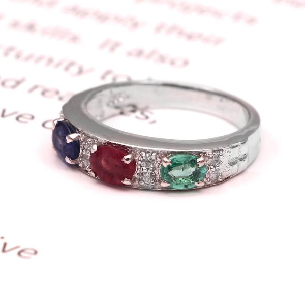 Natural Emerald Ruby Blue Sapphire Ring, Art Deco Band Ring, 925 Sterling Silver, Halo Ring