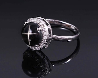 Black Star Sapphire Halo Ring, Black Stone Ring, 925 Sterling Silver, Handmade Ring, Gift Women Her