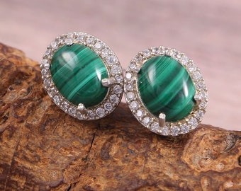 Malachite Stud Earrings, 925 Sterling Silver, Designer Stone Earrings,Beautiful Earrings, Gift For Her