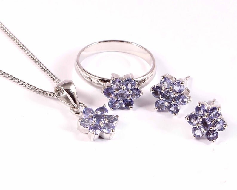 Natural Tanzanite Ring Earrings Pendant Necklace 925 Sterling Silver Gift for Her Women Beautiful Jewellery set