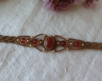 Macrame Carnelian Choker: Bohemian Brass Beaded Gemstone Jewelry