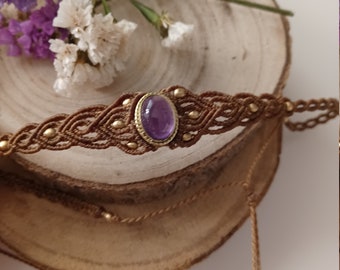Macrame Crystal Choker: Waxed Cord Gemstone Necklace with Brass Beads