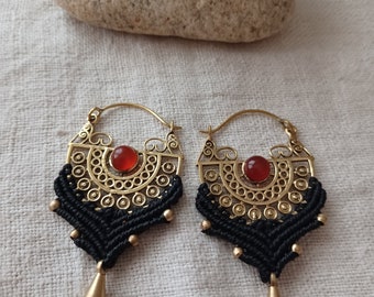 Brass Earrings With Stones, Carnelian Earrings, Tigers Eye Earrings, Gemstone Earrings, Gifts For Her, Crystal Black Earrings
