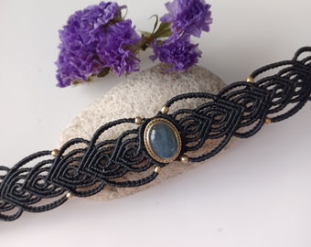 Gothic Labradorite Choker: Black Stone Brass Talisman