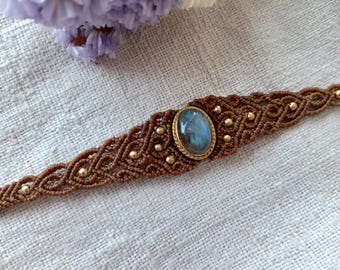 Pulseras de macramé con piedras preciosas: Joyería bohemia de latón con cuentas de labradorita, pulseras de cristales personalizadas ajustables, piedra lunar, malaquita.