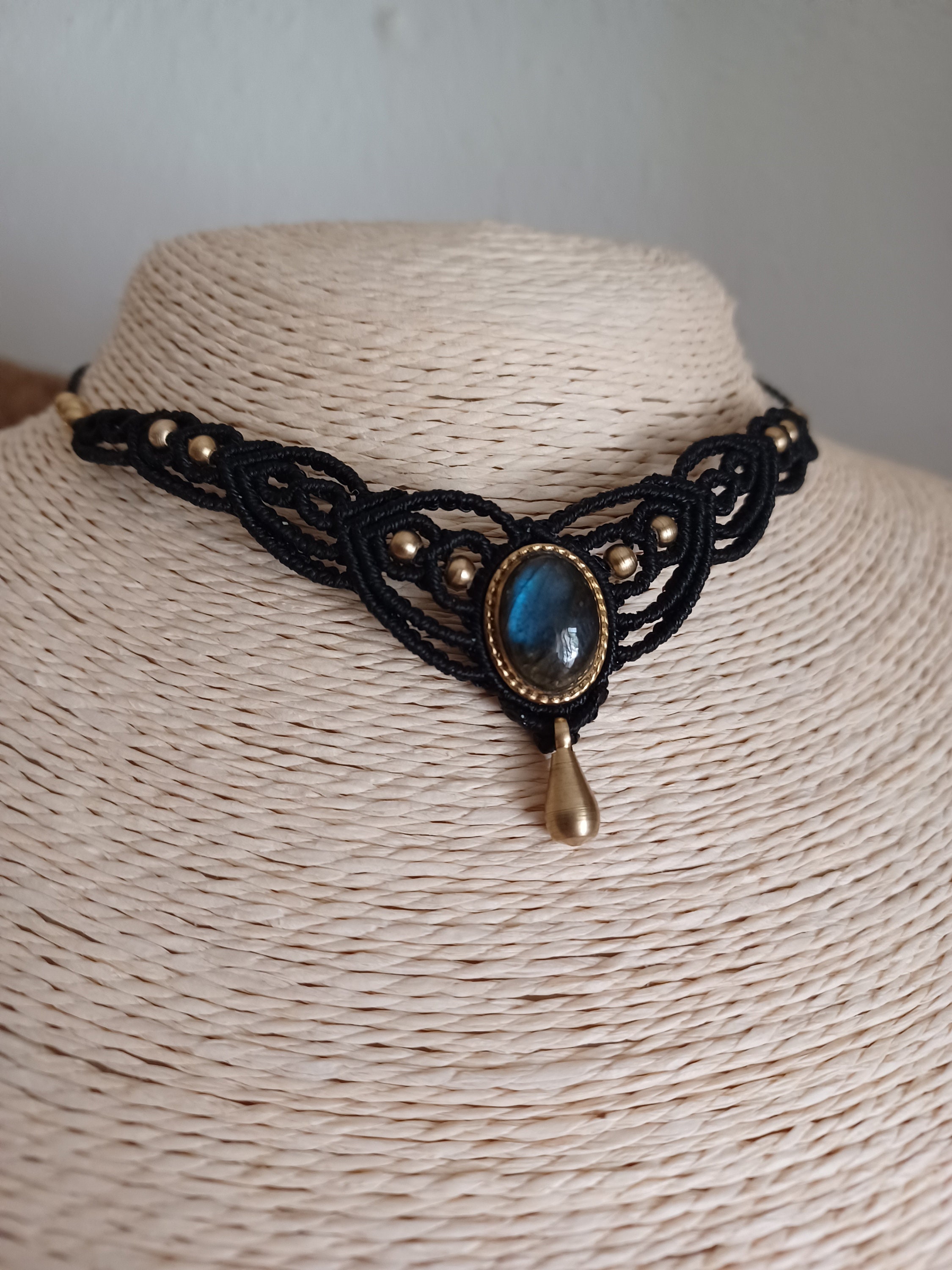 Macrame Gemstone Choker Necklace: Crystal Necklace With Brass, Moonstone, Labradorite, Carnelian, Larimar