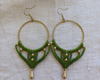 Pendientes Verdes Con Latón, Pendientes Hippie, Boho Chic, Joyería Festival, Pendientes Aro, Regalos Para Ella