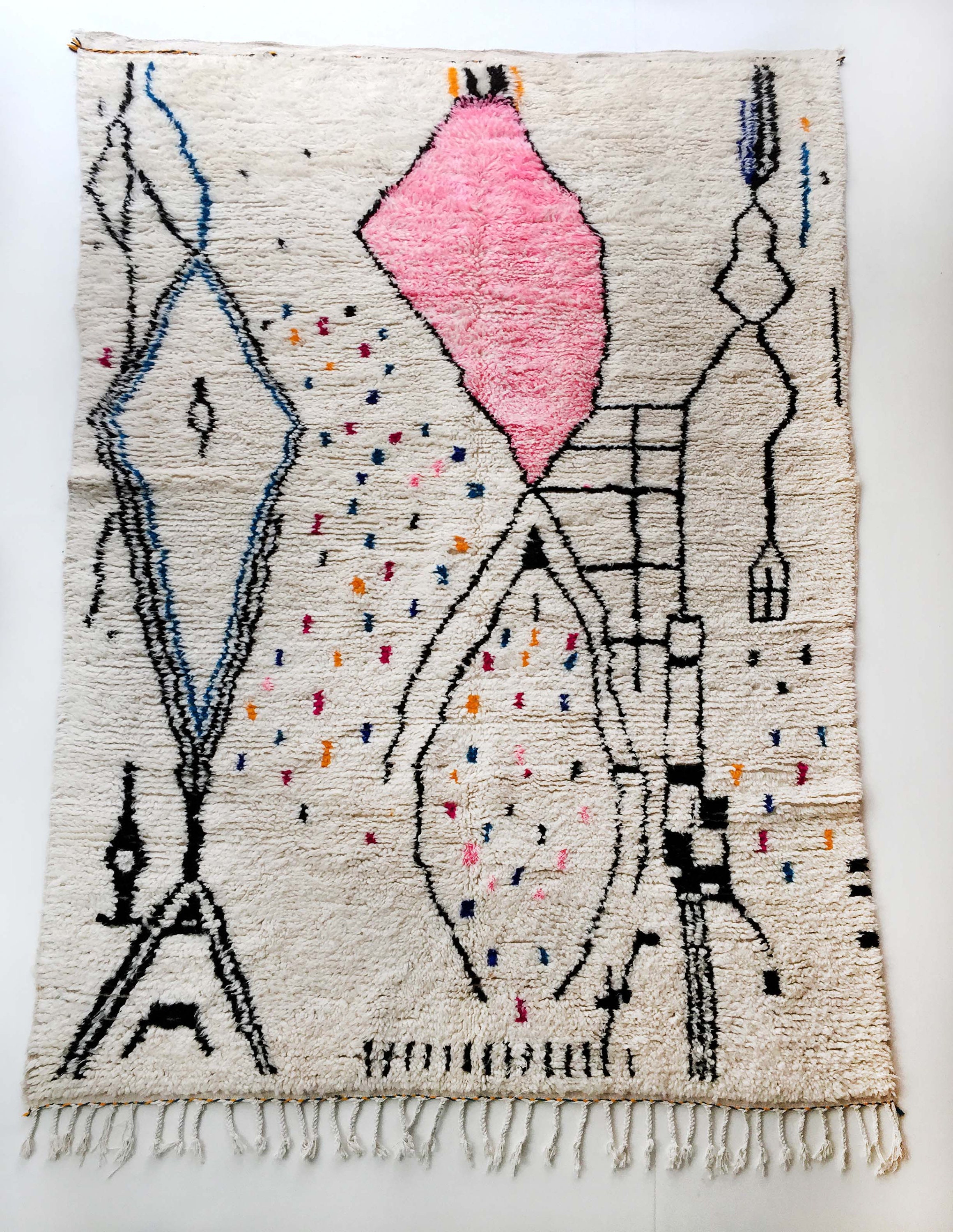 Tapis Berbère Marocain Azilal Écru à Motifs Colorés 297x185cm