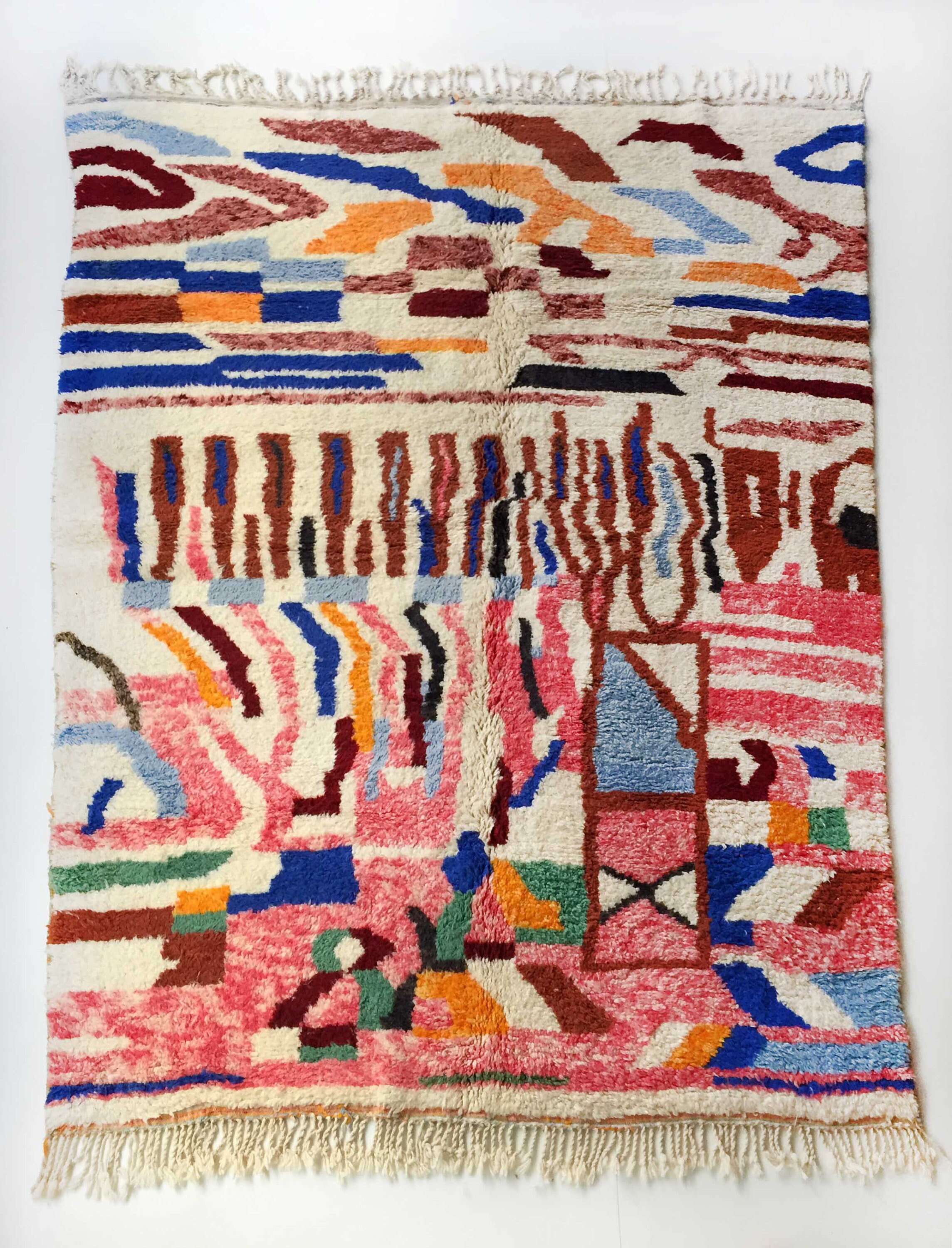 Tapis Berbère Marocain Beni Ouarain Écru à Motifs Colorés 300x215cm