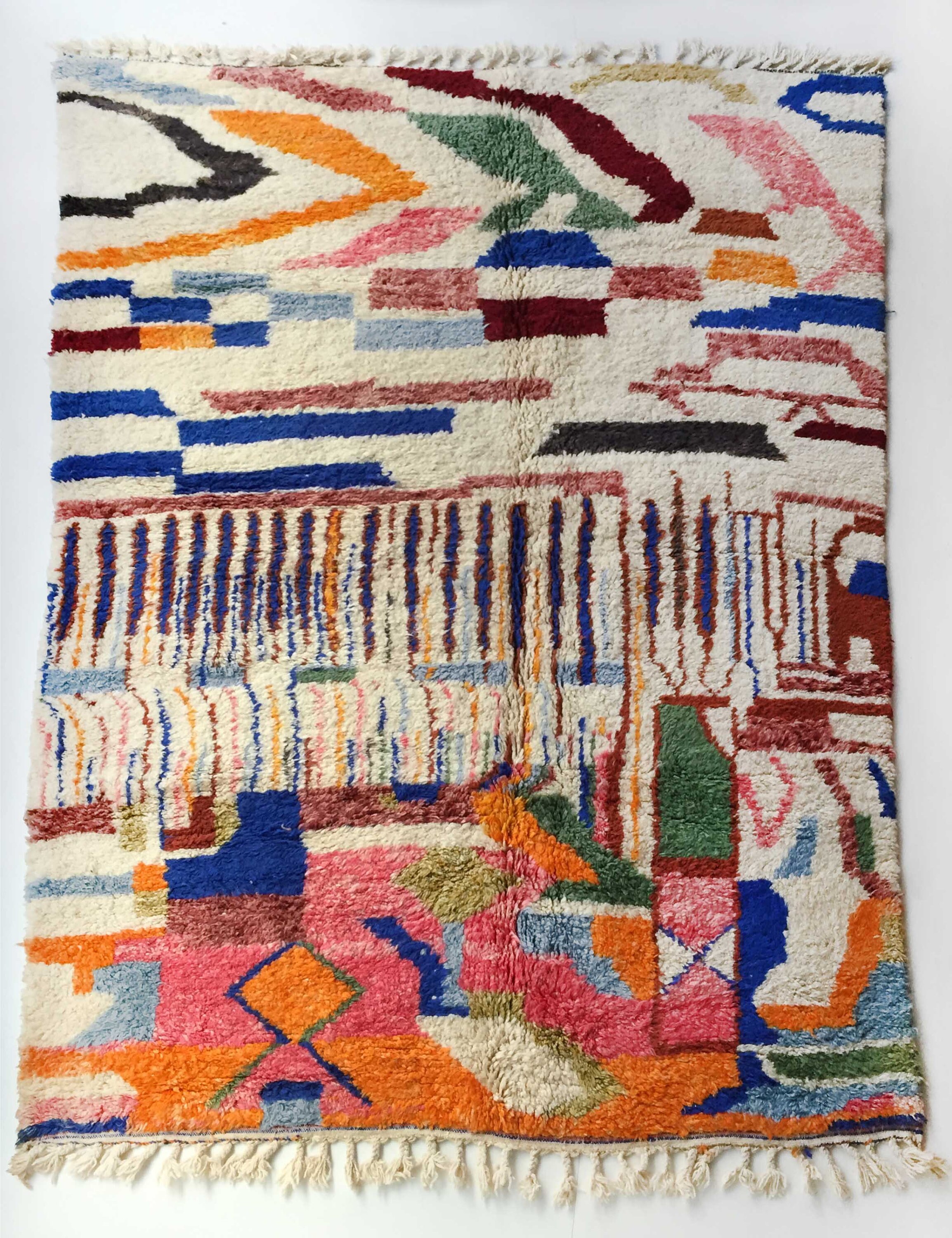 Tapis Berbère Marocain Beni Ouarain Écru à Motifs Colorés 3, 05x2, 25M
