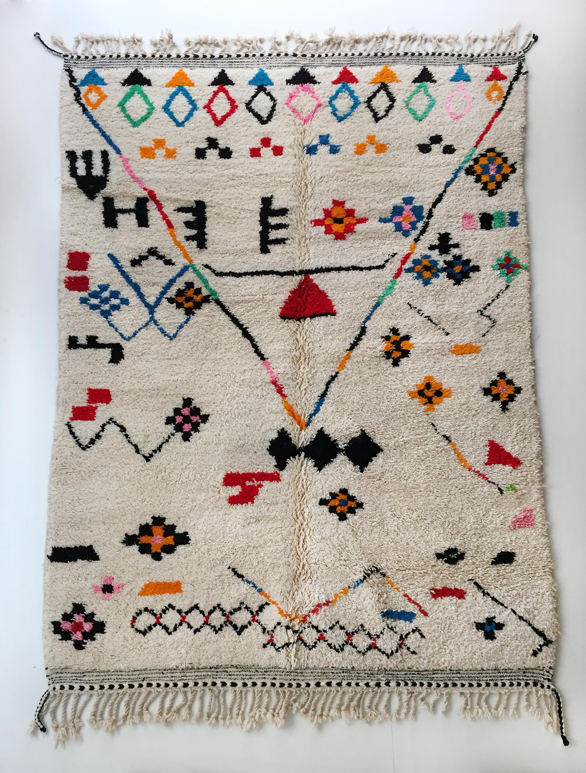 Tapis Berbère Azilal Écru à Motifs Colorés 295x200cm