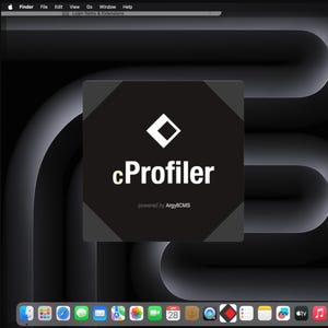May include: A computer screen displaying the cProfiler software interface. The central window features a black square with a white diamond icon, the text cProfiler, and the text powered by ArgyllCMS. The desktop background is dark gray.