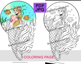 Mermaid Woman Mermaid Illustration Coloring Page Art/Coloring Page/Digital Instant/Download JPEG,PDF