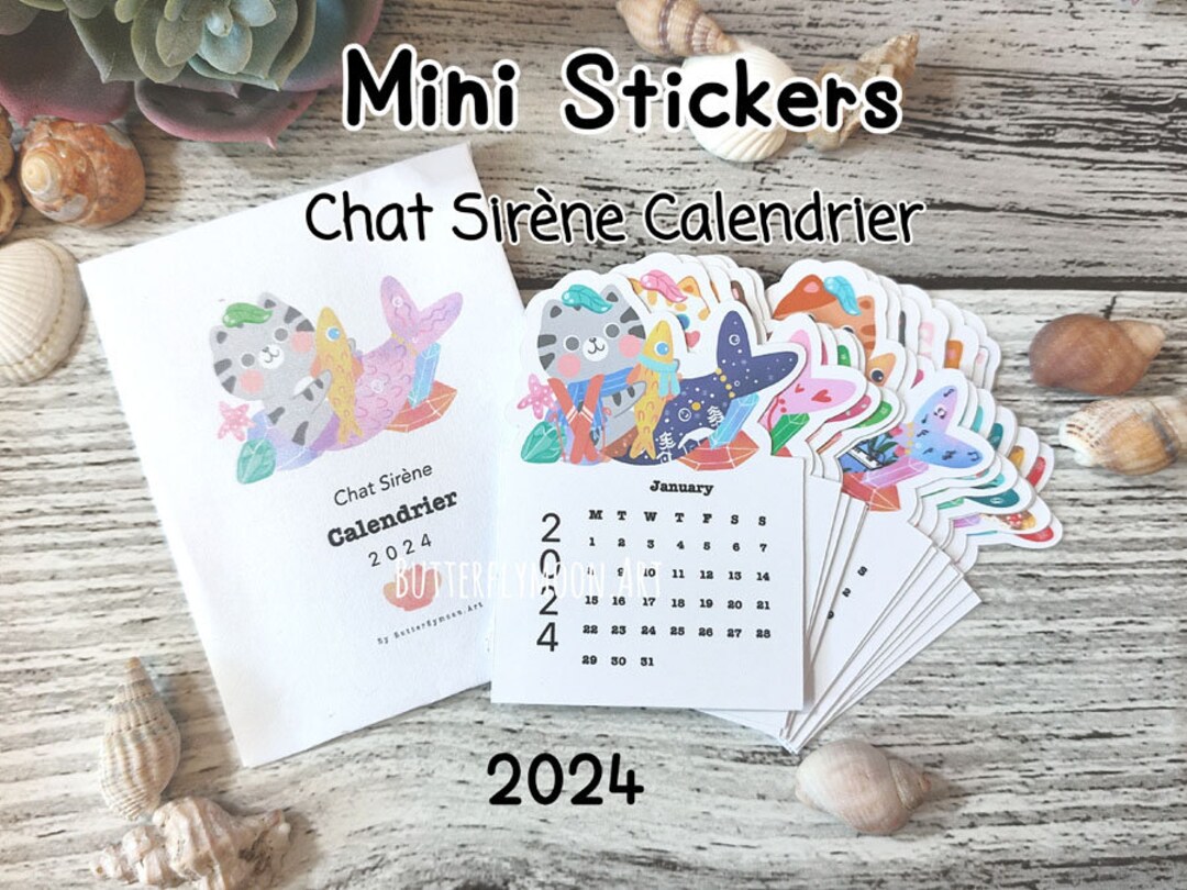 Mini Cat Calendar 2024 Stickers, 2024 Desk Calendar Sticker, Monthly