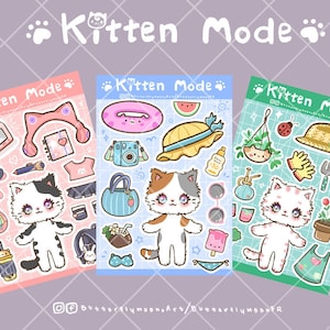 Kitten Mode Dress Up Sticker Sheet l Bullet Journaling Scrapbooking Stickers Feuille d’autocollants | chat Autocollants kawaii