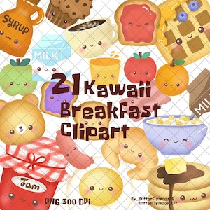 Clipart colazione Kawaii, clipart cibo, incrocio, download immediato di clipart digitali disegnate a mano PNG 300 dpi