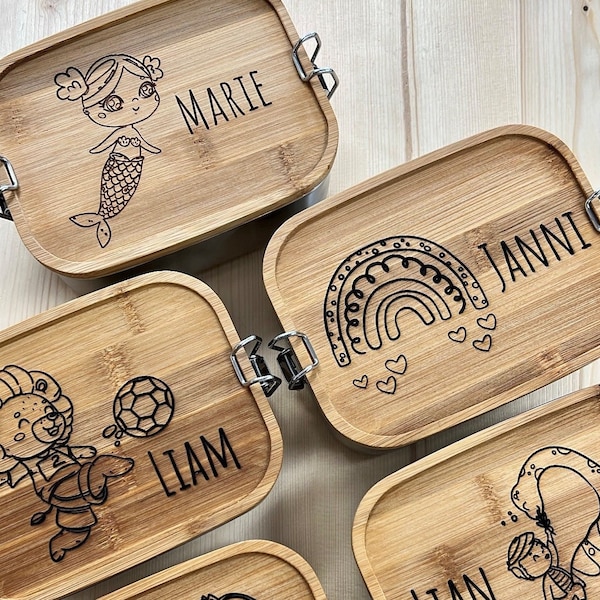 Brotdose personalisiert, Vesperdose, Kindergarten, personalisiertes Geschenk, Lunchbox mit Holzdeckel, Brotdose Kinder, 3 Fächer, Edelstahl