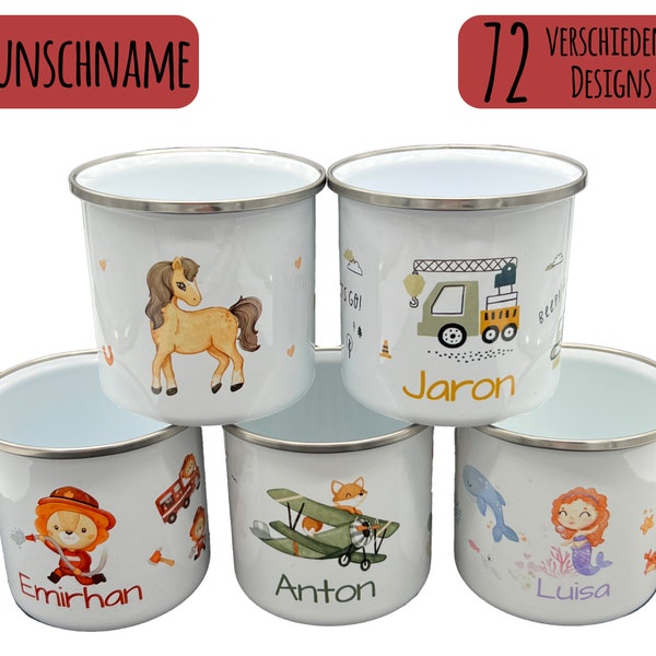 Personalisierte Emailletasse Kinder Tasse - Becher - Wunschname - 72 Designs - Schule - Kita - Kindergarten - Geschenk