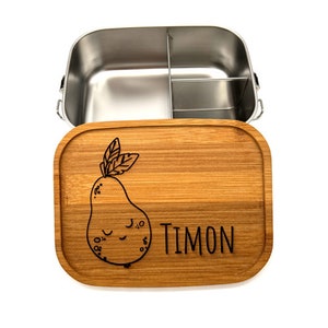 Brotdose personalisiert, Vesperdose, Kindergarten, Geschenk, Lunchbox mit Holzdeckel, Brotdose Kinder, 3 Fächer, Edelstahl Birne Obst