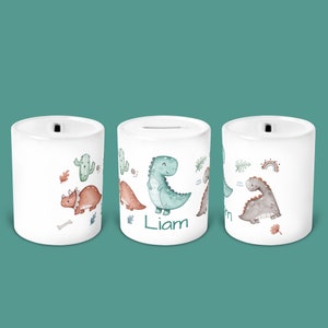 Spardose personalisiert, Kind, Keramik Spardose, Wunschname, Kindergraten, Geschenk, Taufe, Geburtstag, Baby - Jungs - Mädchen - 64. Dinos