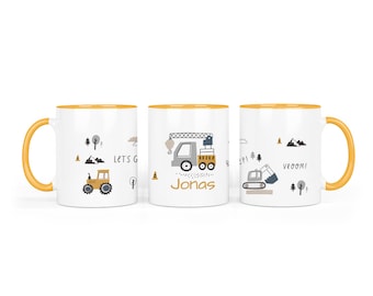 Tasse personalisiert, Kind, Keramik Jungs, Wunschname, Kindergraten, Geschenk, Taufe, Geburtstag, 11 Farben, Bagger, Baustelle, 25.Fahrzeuge