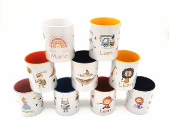 Personalisierte Keramik Kinder Tasse - Becher - Wunschname - 72 Designs - 8 Farben - Geschenk - Geburtstag - Kindergarten - Kita