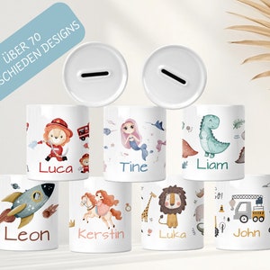 Personalisierte Spardose - 70 verschiedene Designs - Keramikspardose - Sparschwein - Wunsch Namen - Kindergeburtstag - Geschenk